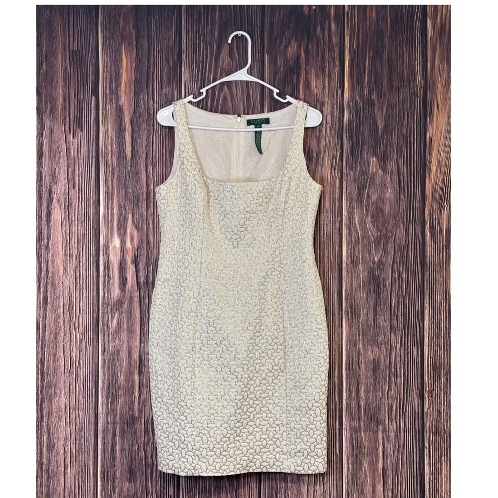 Lauren Ralph Lauren Dress Womens 12P Ivory Gold Metallic Jacquard Sheath